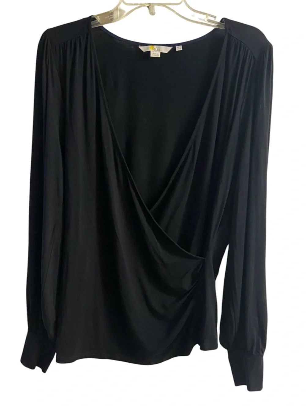 Boden Black Faux Wrap Blouse Puff Bishop Sleeves Size 14